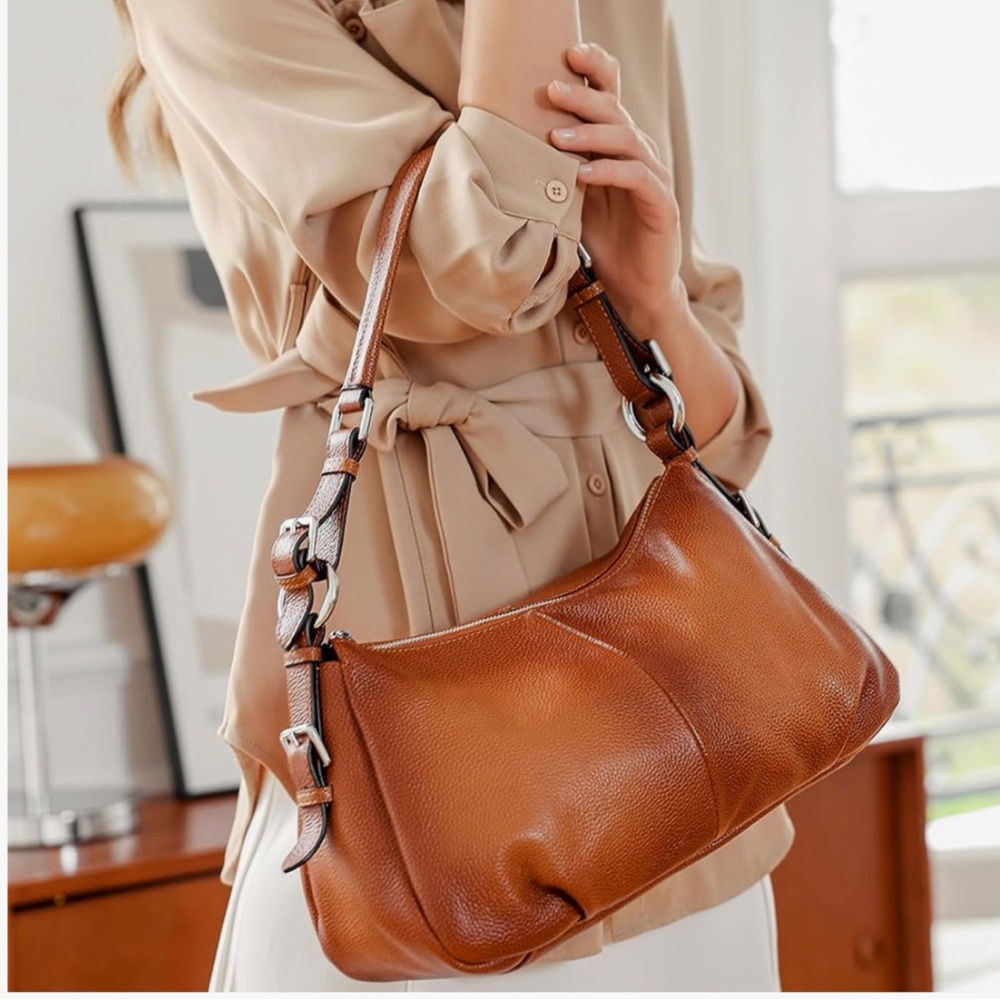 Pebbled Tan Leather Shoulder Bag with Adjustable Strap